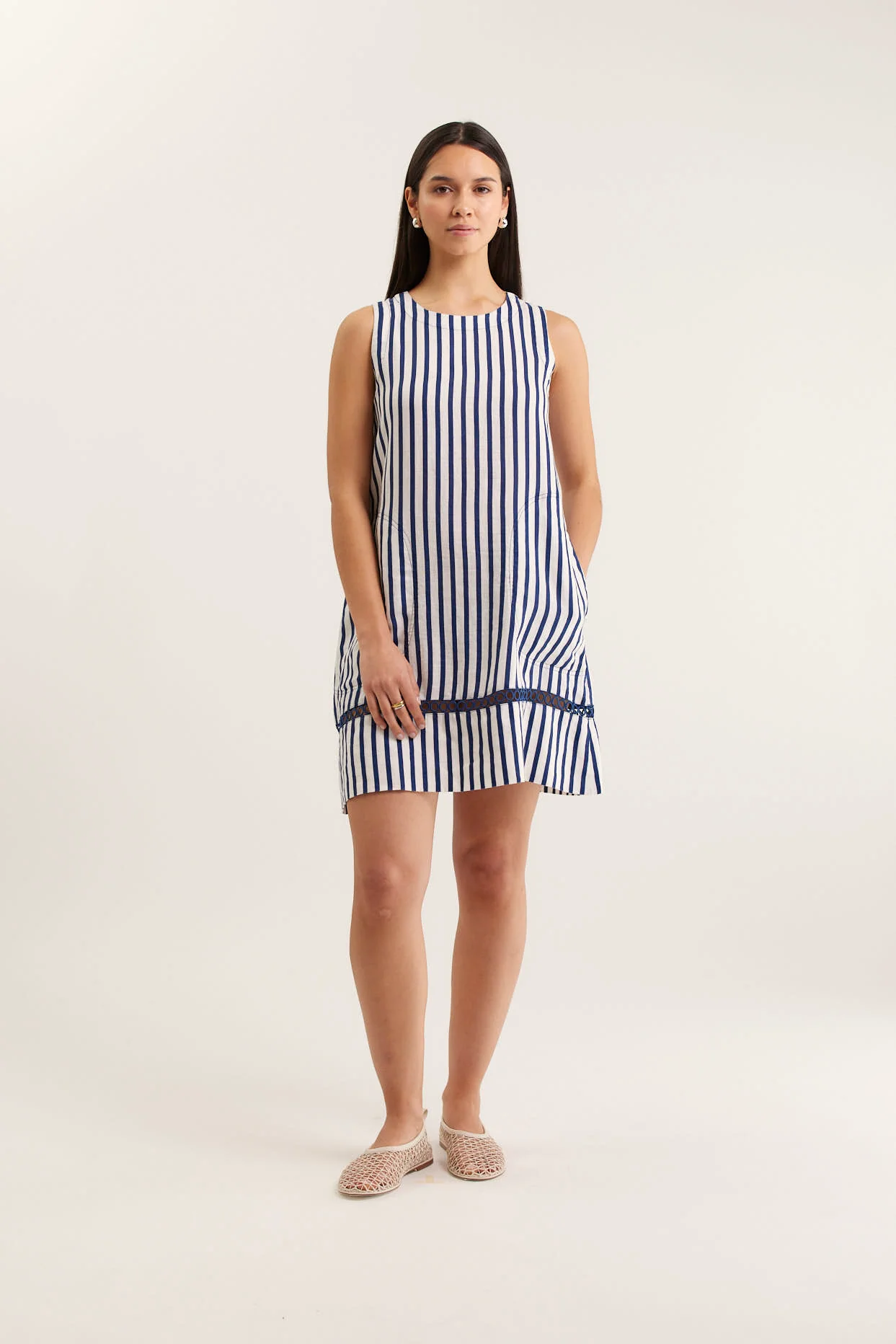 Ginger Breton Linen Dress In Navy/White