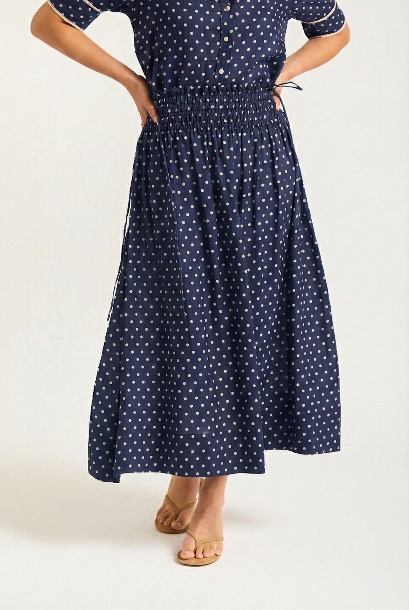 Sylvie Ramie Skirt In Navy/Ivory Spot