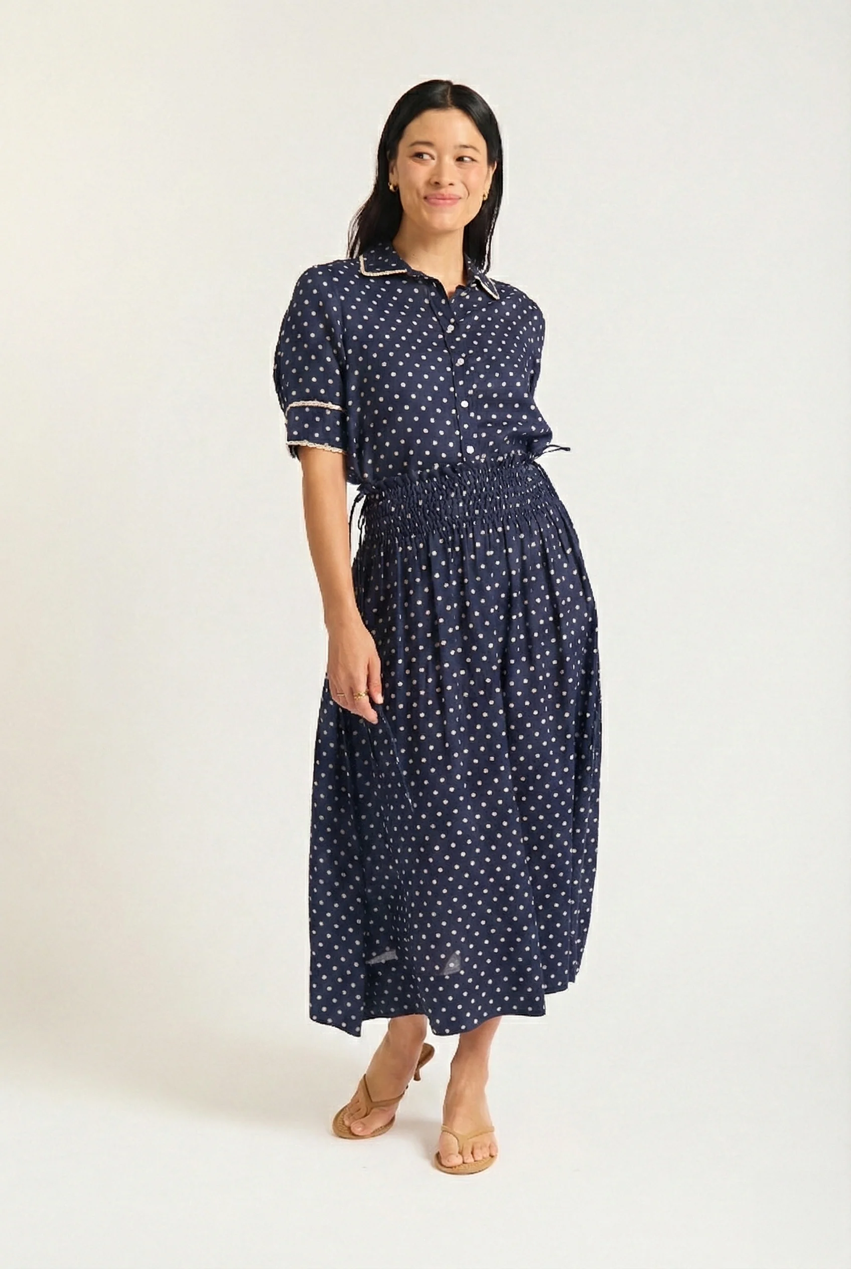 Sylvie Ramie Skirt In Navy/Ivory Spot - Image 2